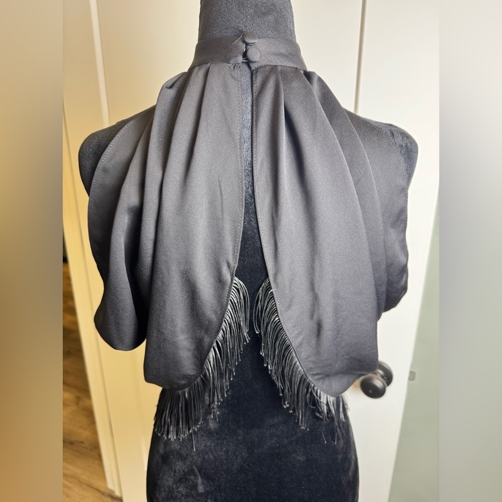 ASOS wrapped draped fringe halter top black buttons on back satin - Picture 3 of 4